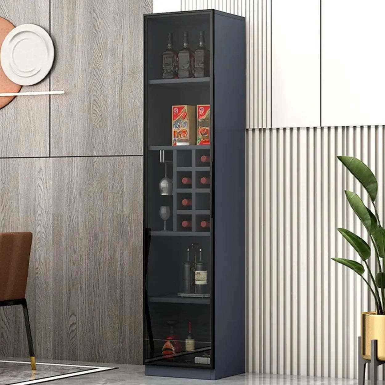 Red modern slab rectangular wine cabinets — 16" L x 16" W x 79" H / With Wine Grid