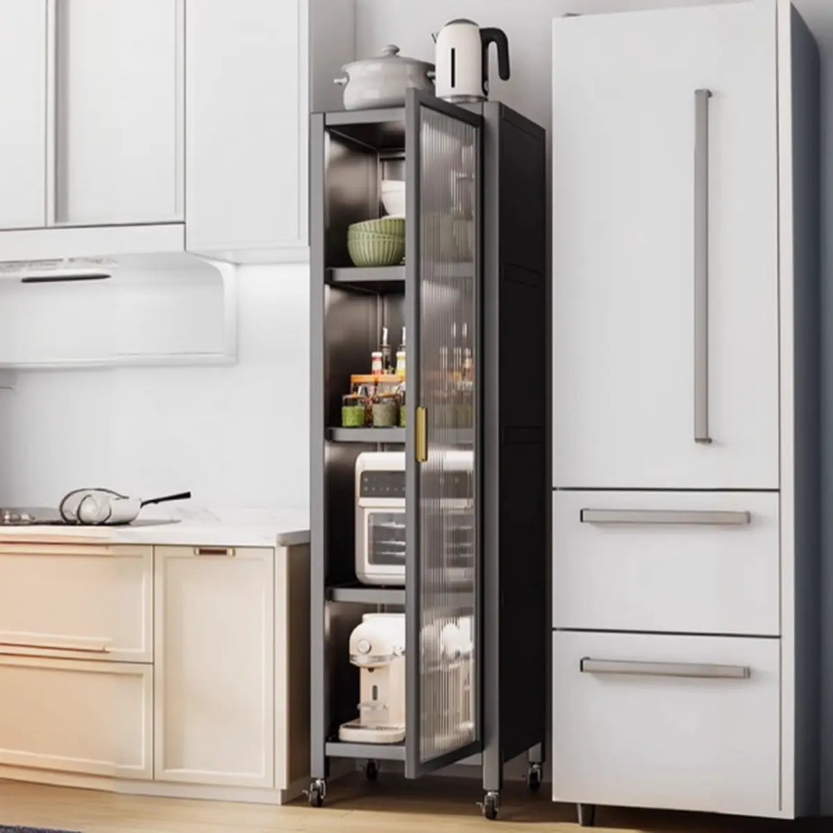 Gray Ribbed Glass Door Metal China Cabinet — Grey