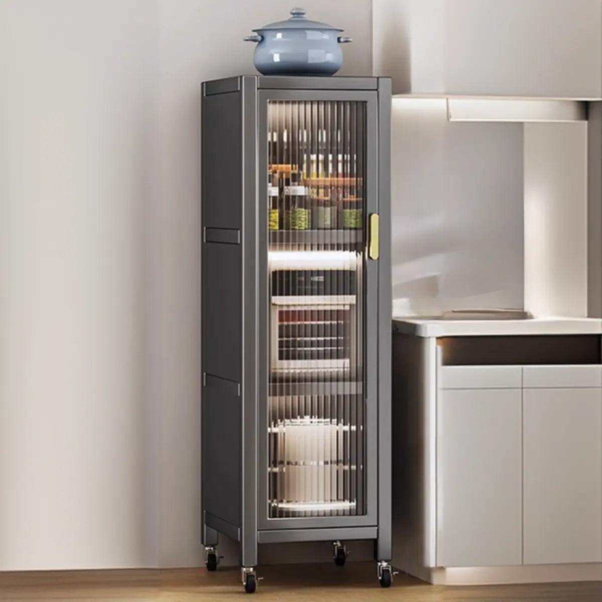 Gray Ribbed Glass Door Metal China Cabinet — White