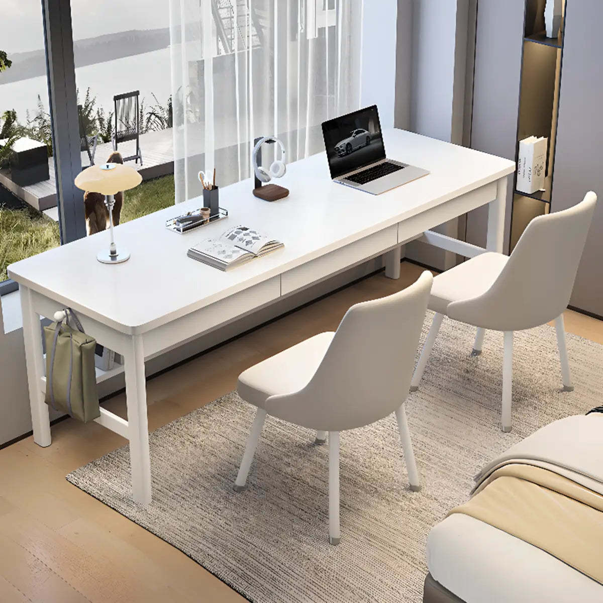 Gray Rubberwood Drawer H-Shape Double Writing Desk — Without Chairs / Nut-Brown