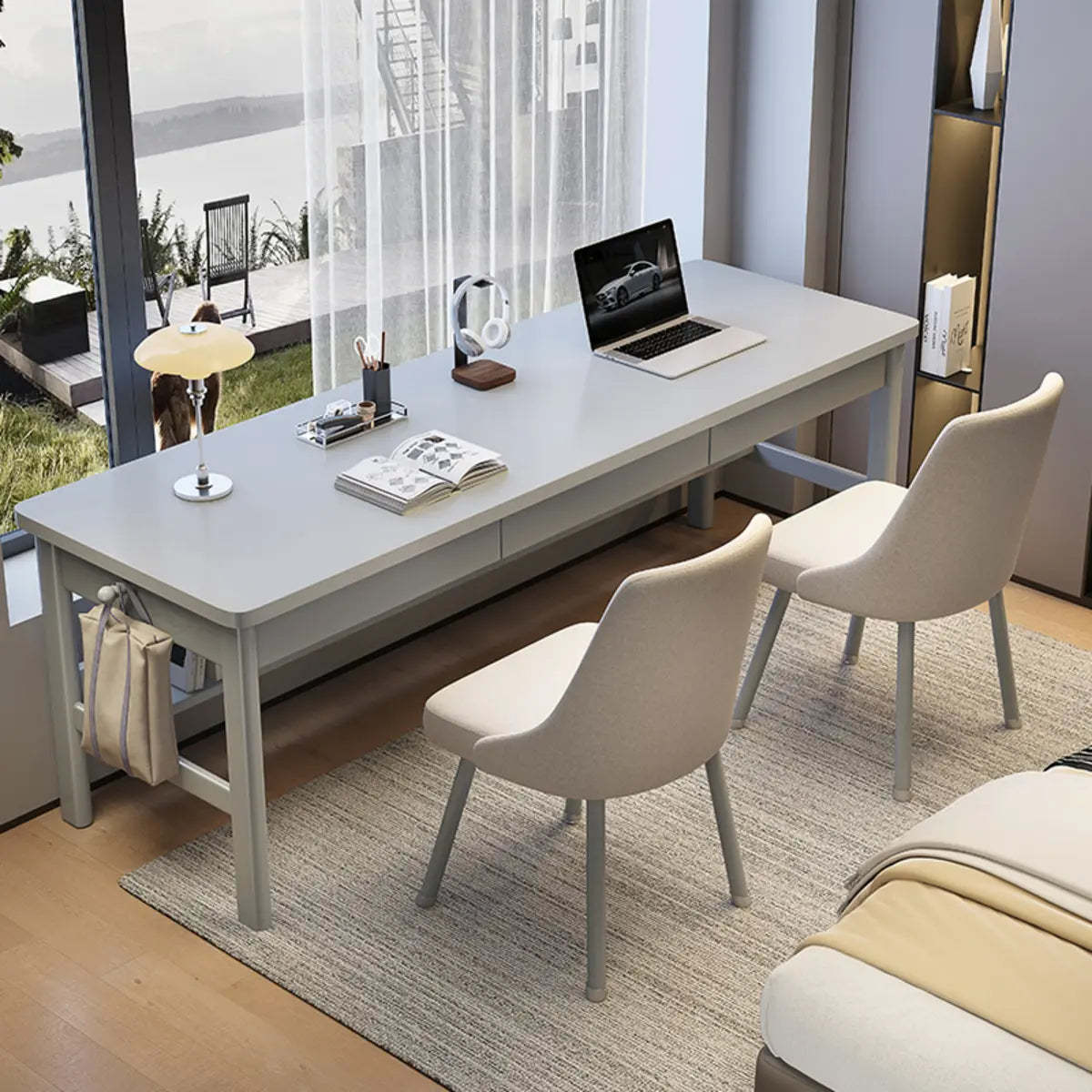 Gray Rubberwood Drawer H-Shape Double Writing Desk | Lighom
