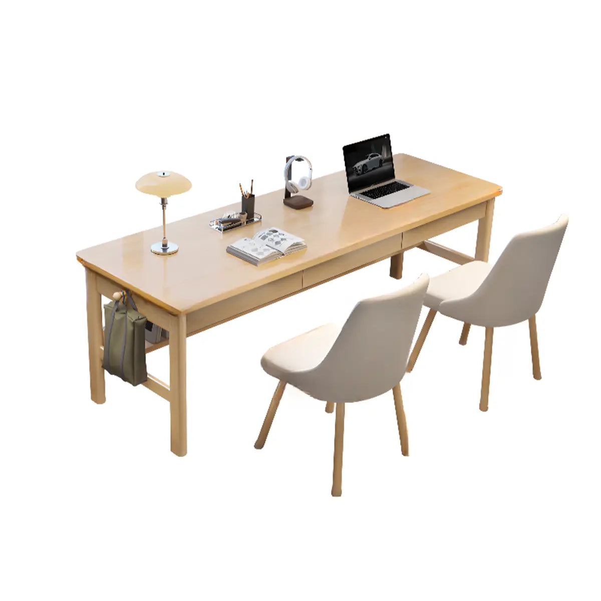 Gray Rubberwood Drawer H-Shape Double Writing Desk — Without Chairs / Natural