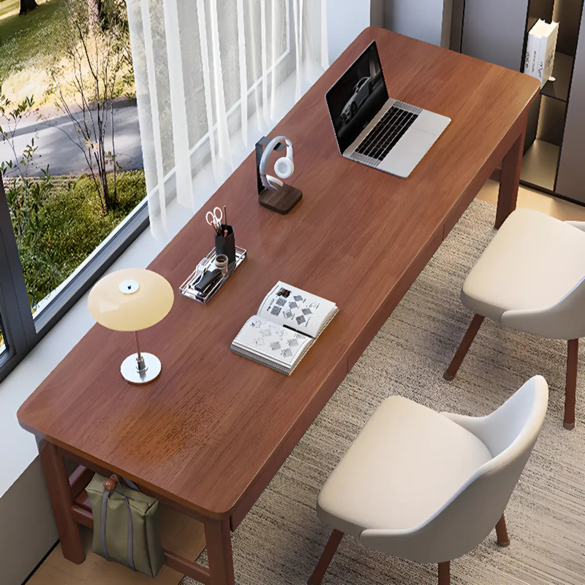 Gray Rubberwood Drawer H-Shape Double Writing Desk — Without Chairs / Nut-Brown