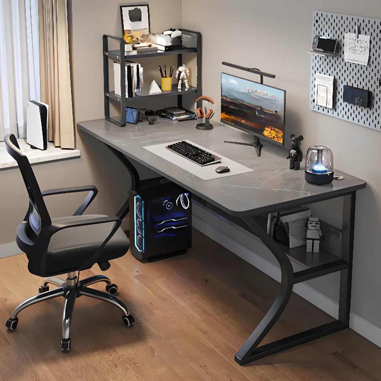 Gray Stone Butcher Block Computer Desk with Shelf