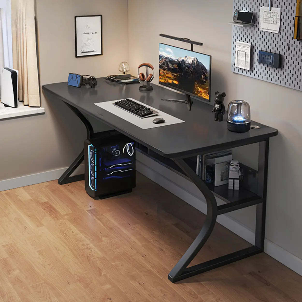 Gray Stone Butcher Block Computer Desk with Shelf