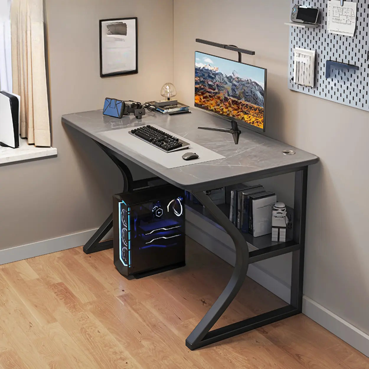 Gray Stone Butcher Block Computer Desk with Shelf