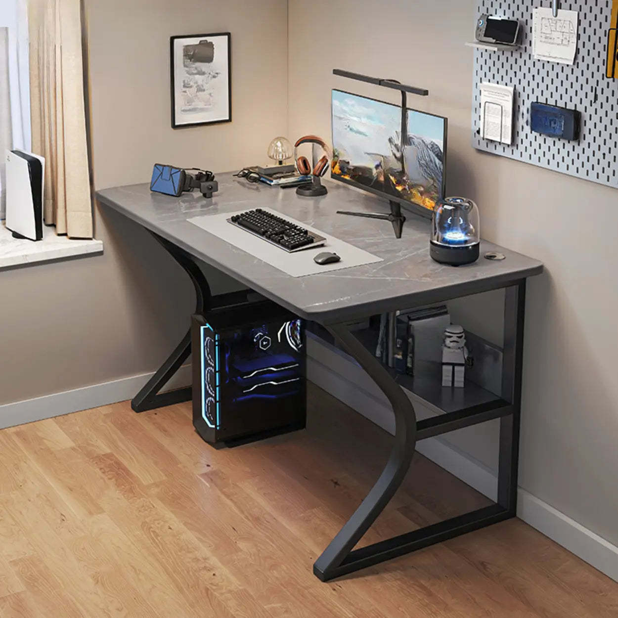 Gray Stone Butcher Block Computer Desk with Shelf