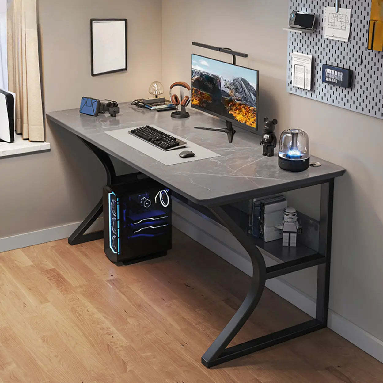 Gray Stone Butcher Block Computer Desk with Shelf