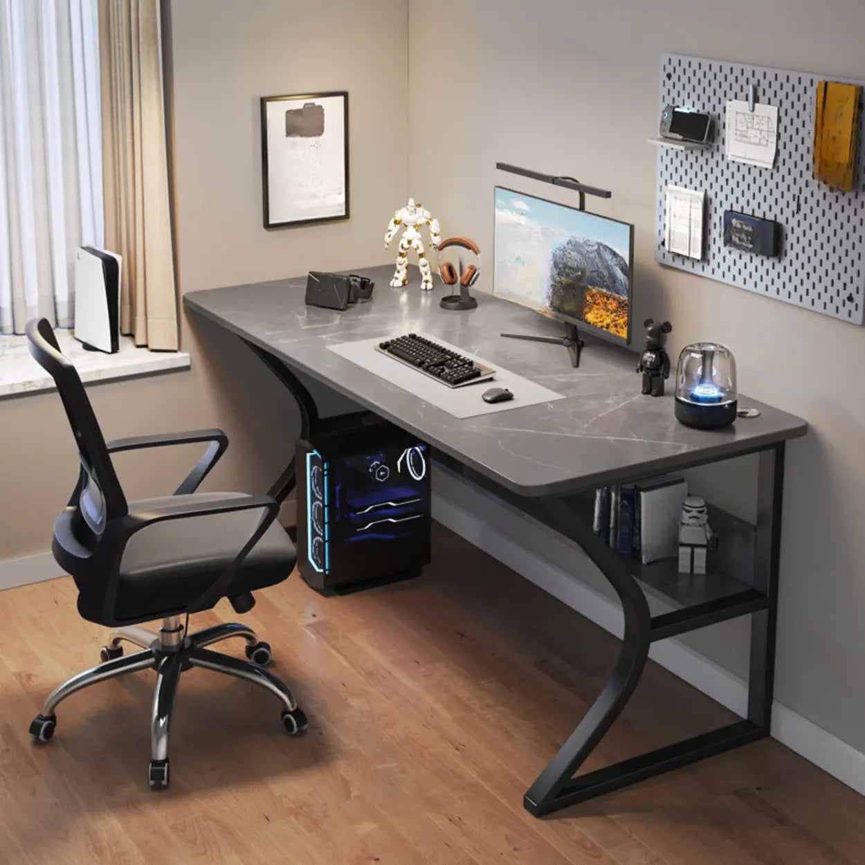 Gray Stone Butcher Block Computer Desk with Shelf — Black / Table Only