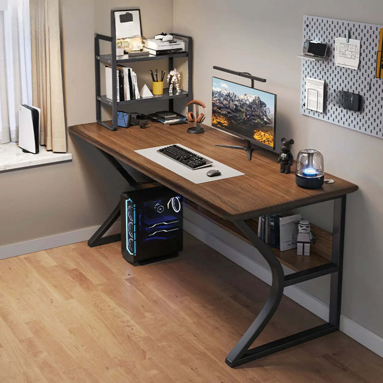 Gray Stone Butcher Block Computer Desk with Shelf