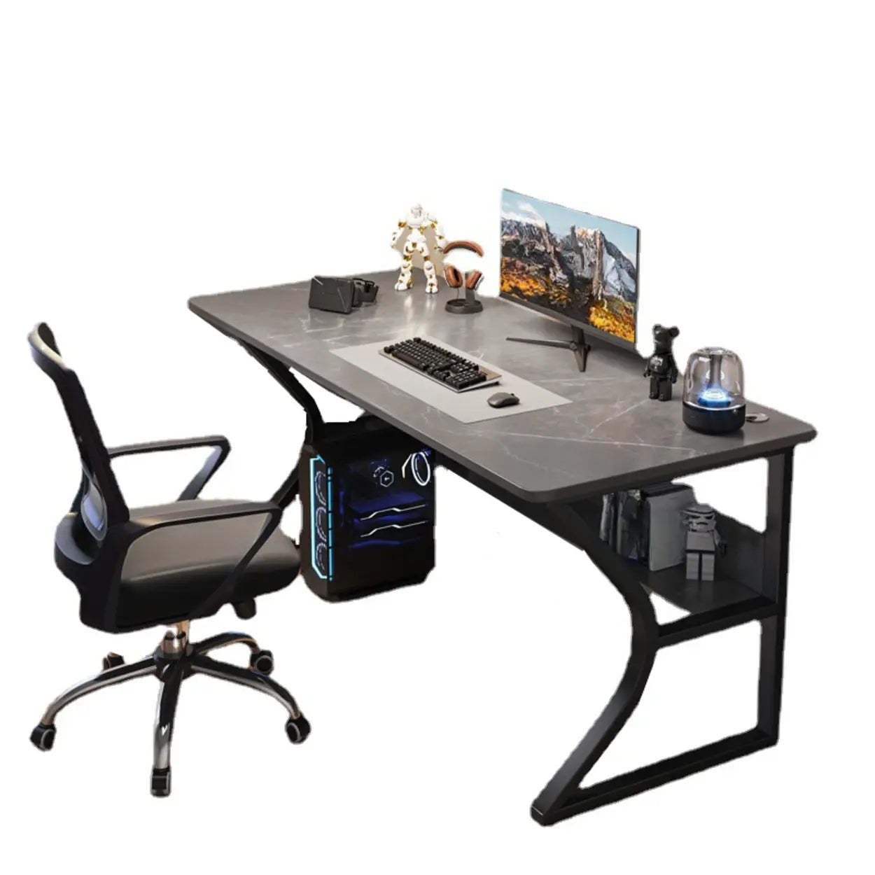 Gray Stone Butcher Block Computer Desk with Shelf — Black / Table Only