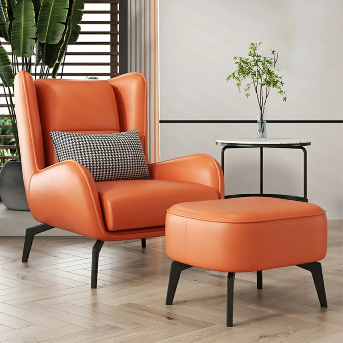 Gray Water Resistant Leather Flared Arm Wingback Chair — Accent Chair & Ottoman / Blue / Tech Cloth