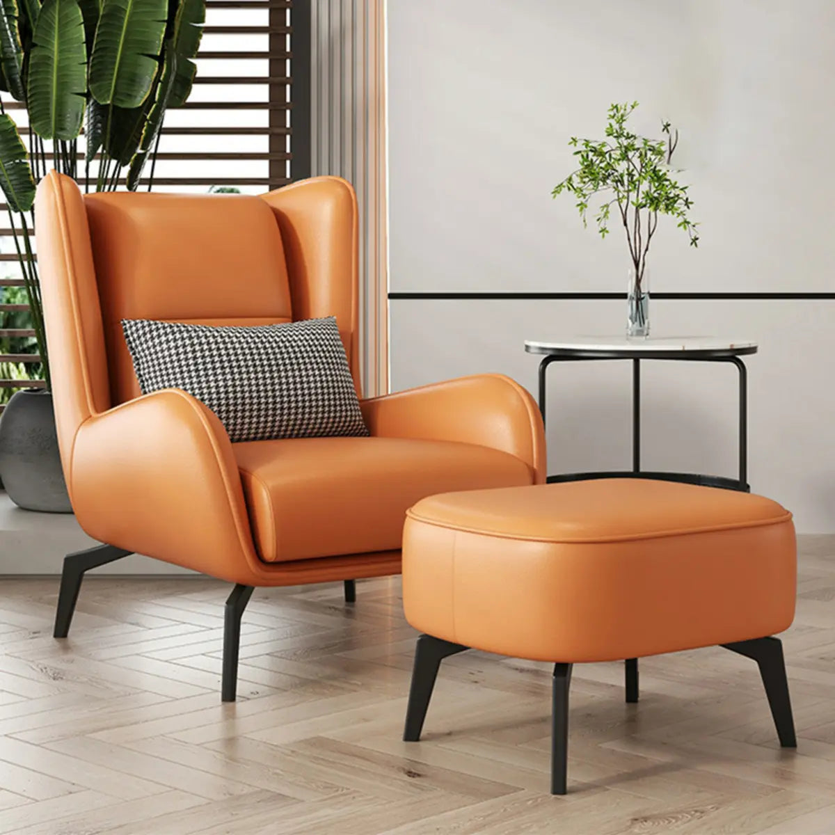 Gray Water Resistant Leather Flared Arm Wingback Chair — Accent Chair & Ottoman / Coffee / Nappa