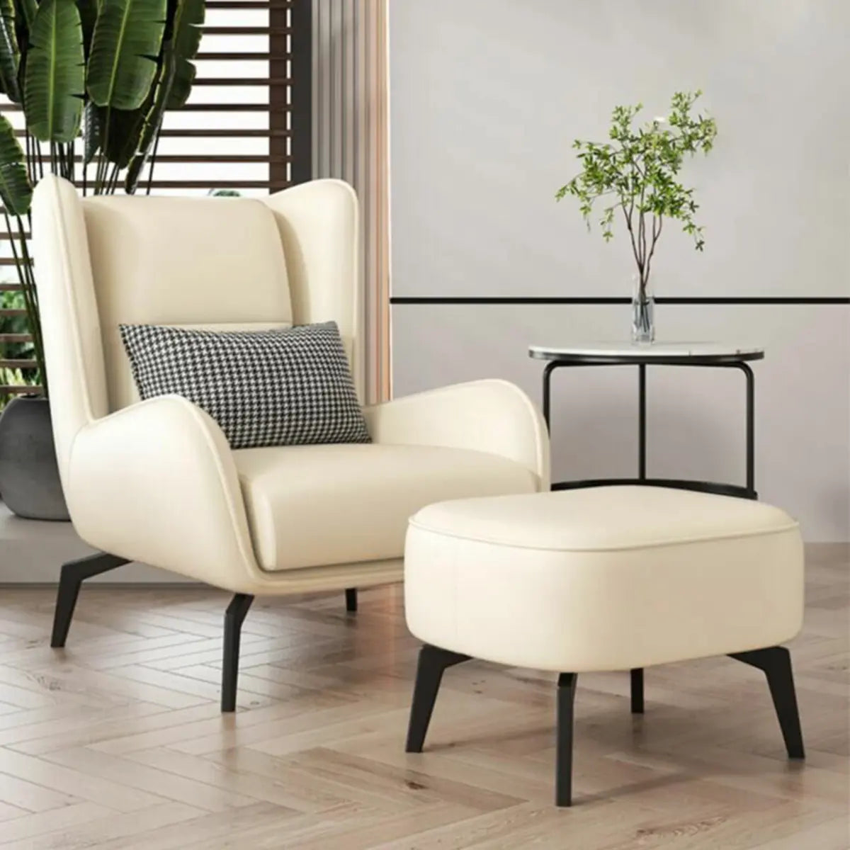 Gray Water Resistant Leather Flared Arm Wingback Chair — Accent Chair & Ottoman / Off-White / Tech Cloth