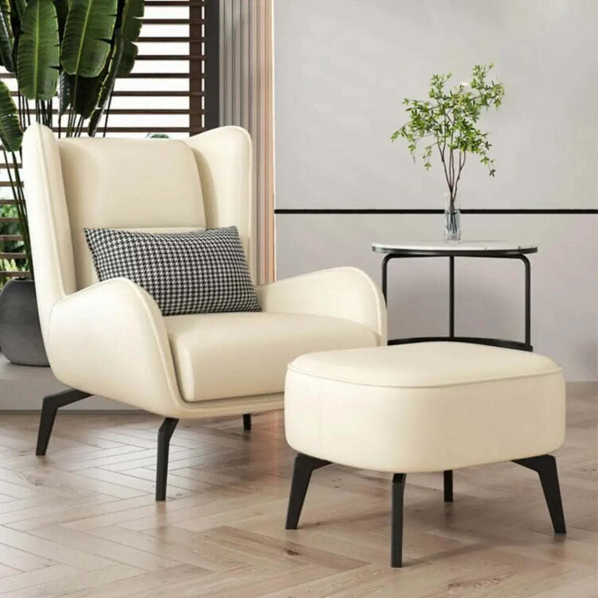 Gray Water Resistant Leather Flared Arm Wingback Chair — Accent Chair & Ottoman / Off-White / Tech Cloth