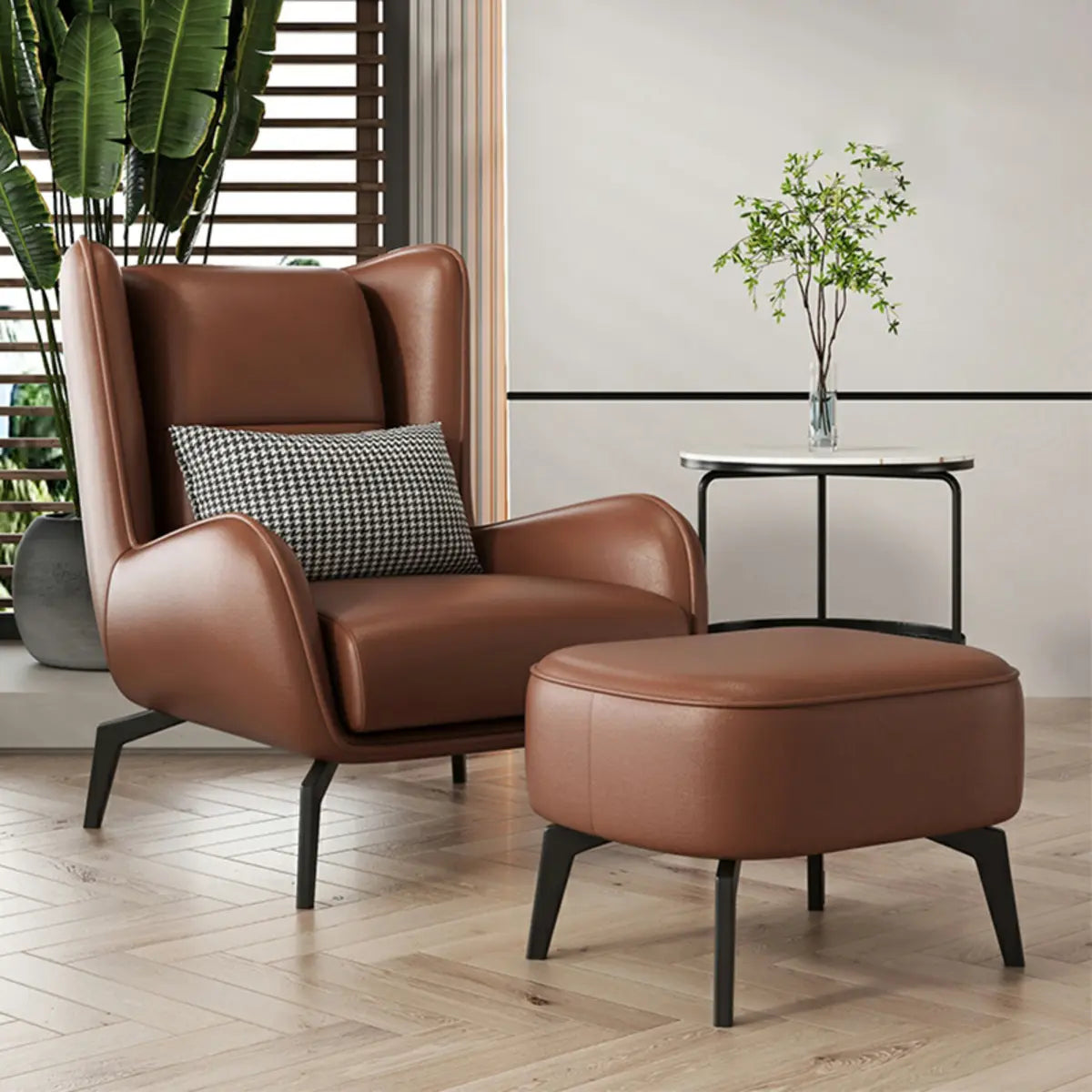Gray Water Resistant Leather Flared Arm Wingback Chair — Accent Chair & Ottoman / Orange / Nappa