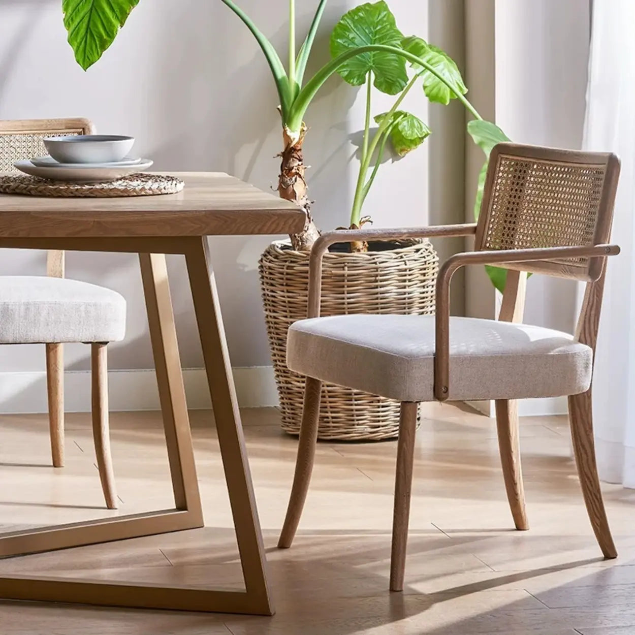 Gray Wood Armchair Cotton Upholstered Dining Chair