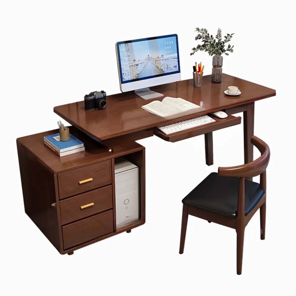 Gray Wood Computer Desk with Retractable Storage Drawers
