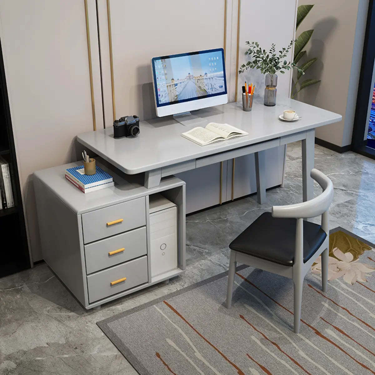 Gray Wood Computer Desk with Retractable Storage Drawers — Without Chairs / Grey