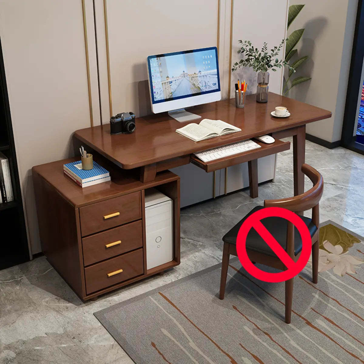 Gray Wood Computer Desk with Retractable Storage Drawers — Without Chairs / Natural Finish