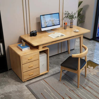 Gray Wood Computer Desk with Retractable Storage Drawers — Without Chairs / Natural Finish