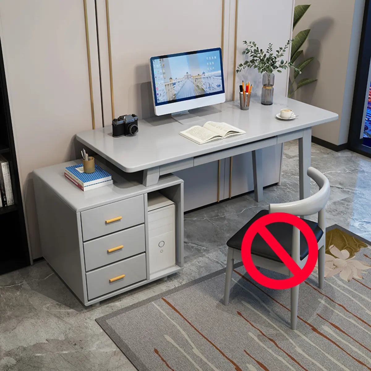 Gray Wood Computer Desk with Retractable Storage Drawers — Without Chairs / Nut-Brown
