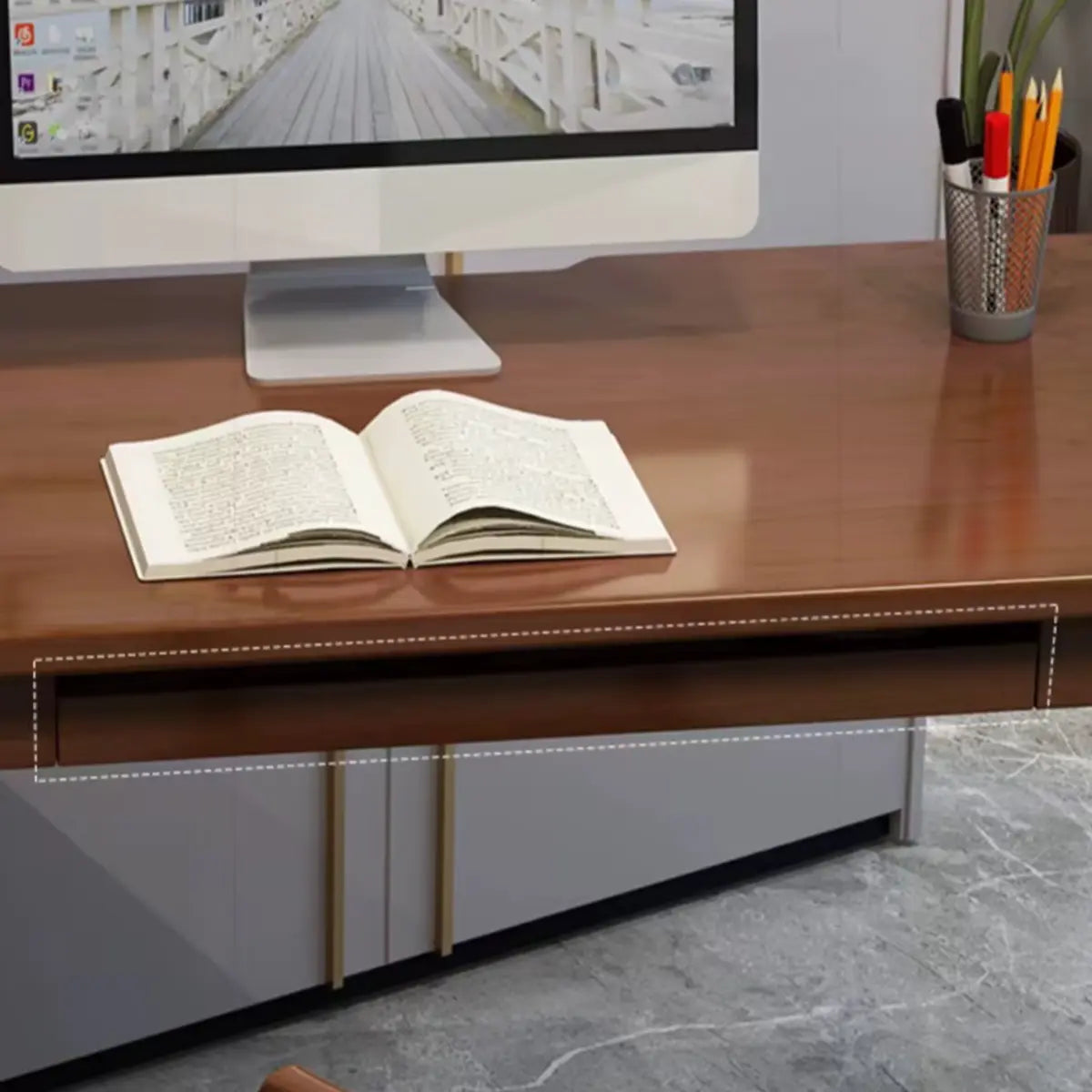 Gray Wood Computer Desk with Retractable Storage Drawers — Without Chairs / White