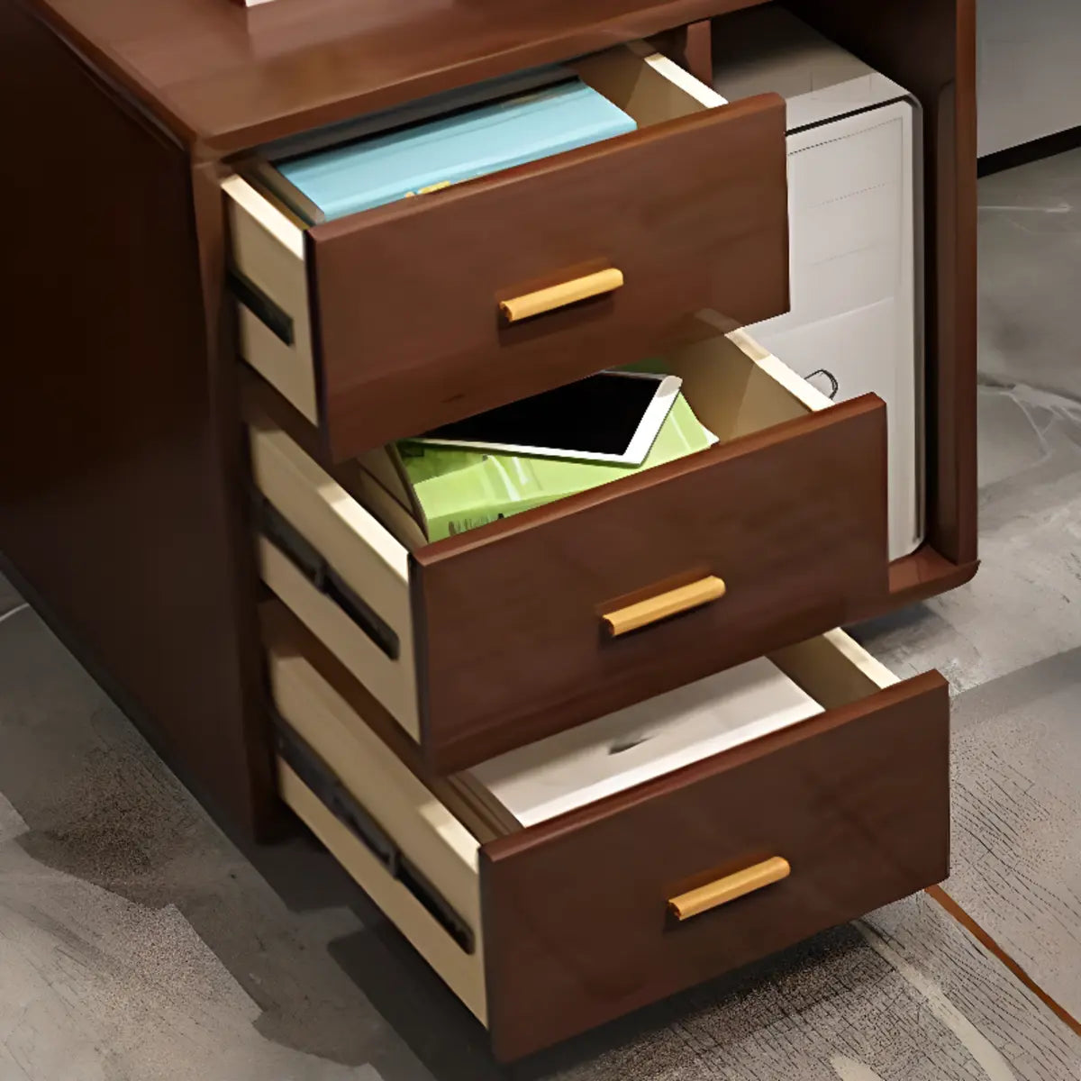 Gray Wood Computer Desk with Retractable Storage Drawers