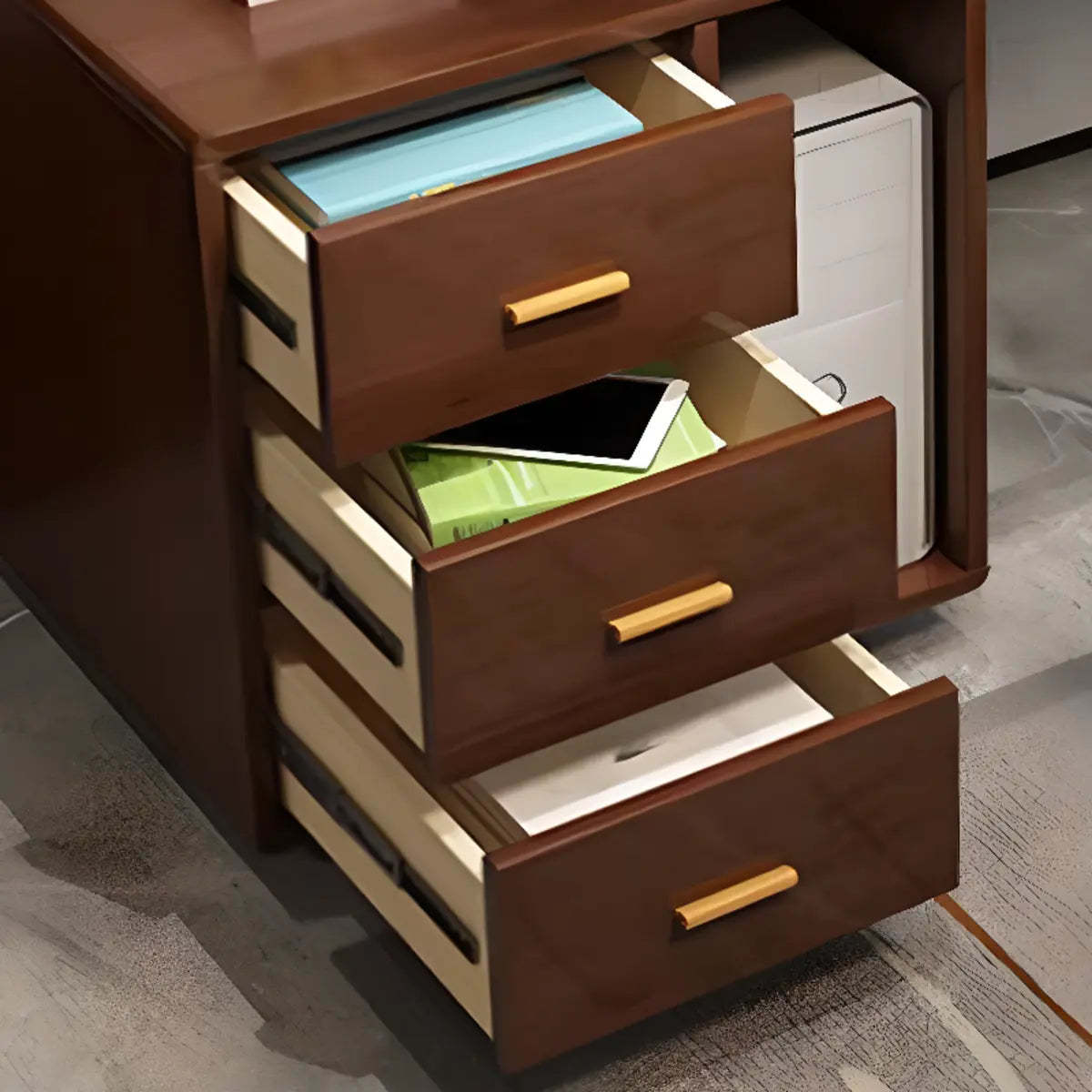 Gray Wood Computer Desk with Retractable Storage Drawers