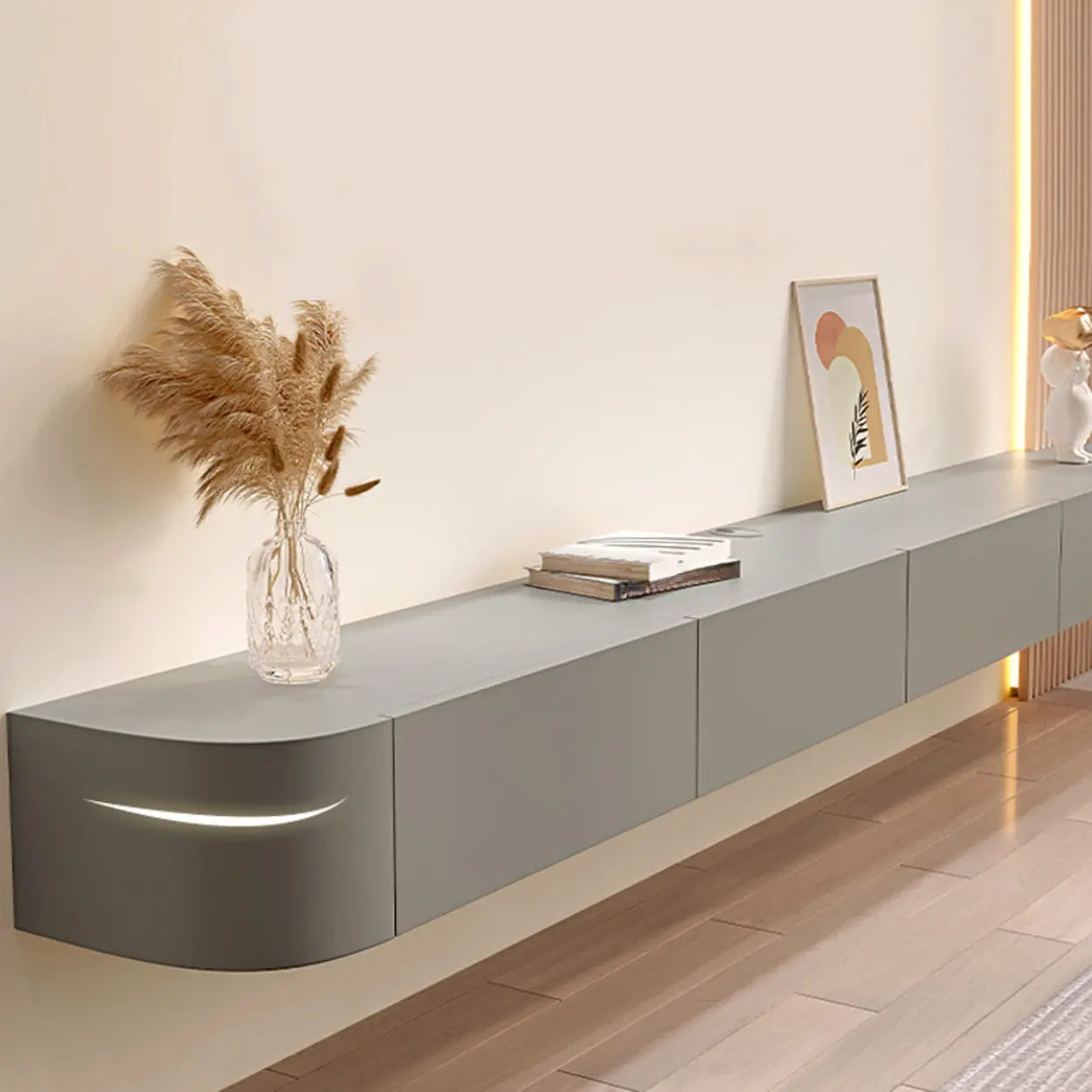 Gray Wood Floating Rectangle TV Stand — Grey / Solid Wood