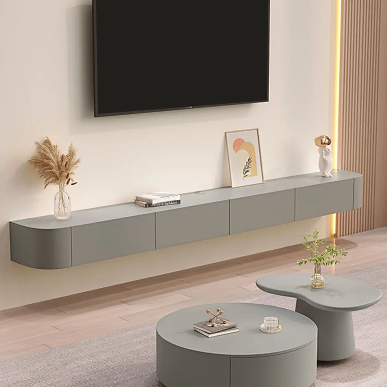 Gray Wood Floating Rectangle TV Stand — Grey / Solid Wood