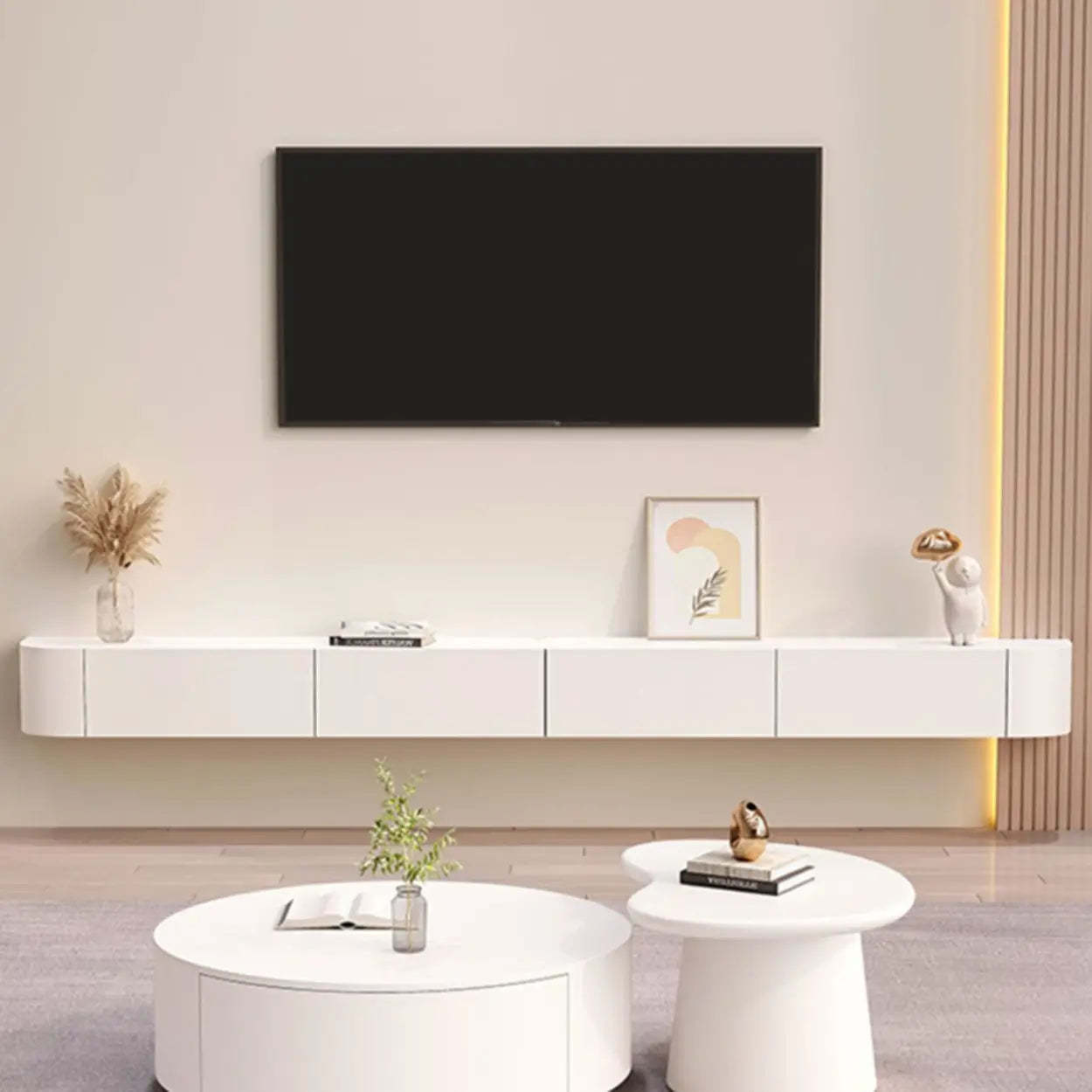 Gray Wood Floating Rectangle TV Stand — Grey / Solid Wood