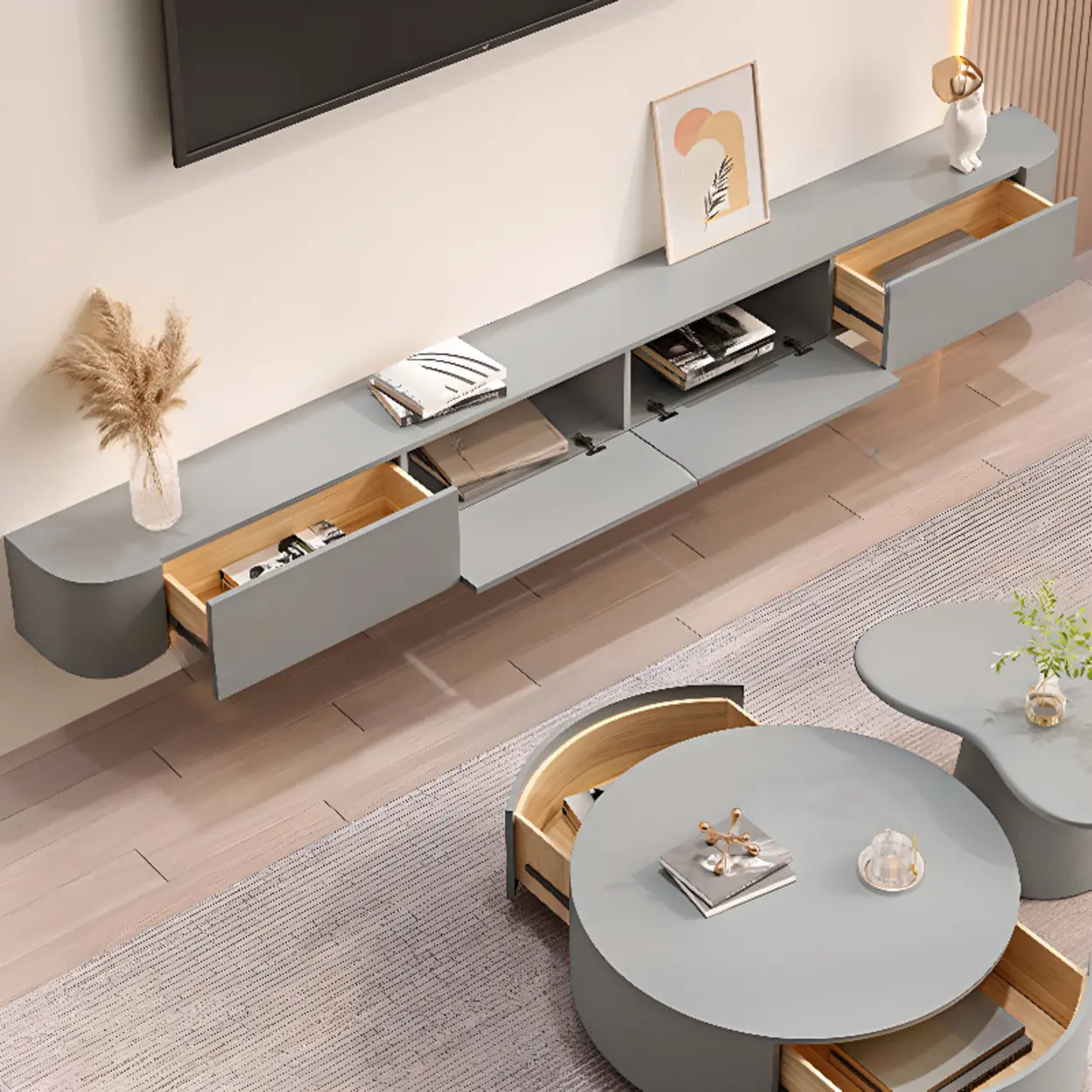 Gray Wood Floating Rectangle TV Stand — Grey / Solid Wood