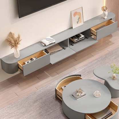 Gray Wood Floating Rectangle TV Stand — Grey / Solid Wood