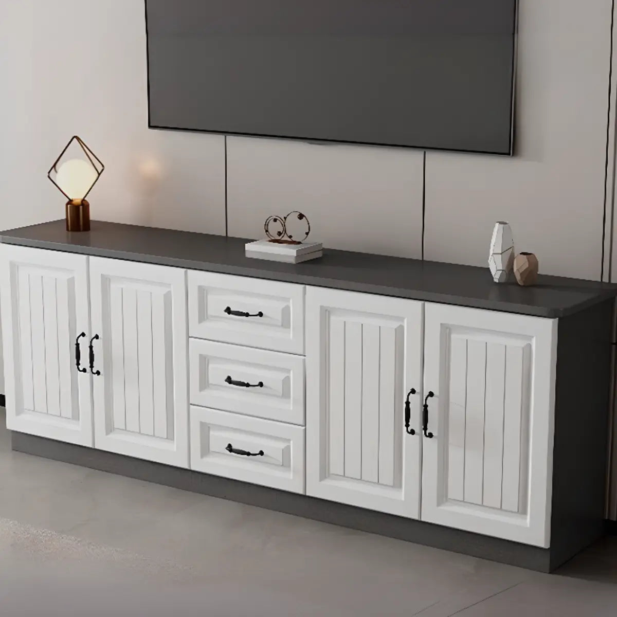 Gray Wood Rectangular TV Stand with Drawers