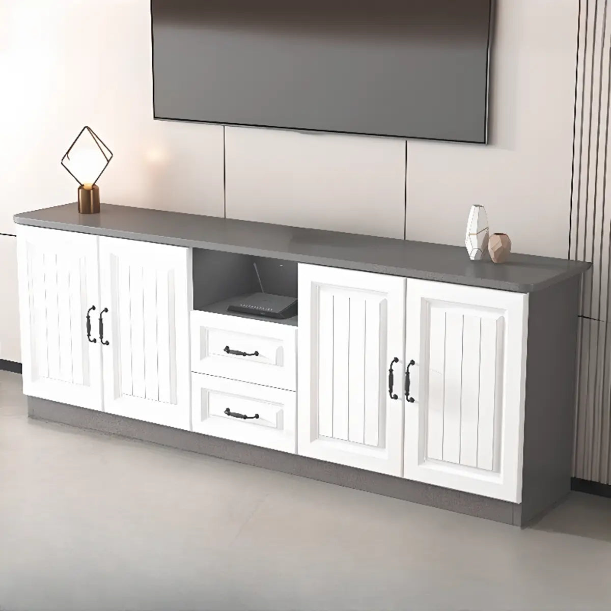 Gray Wood Rectangular TV Stand with Drawers — 2 / White