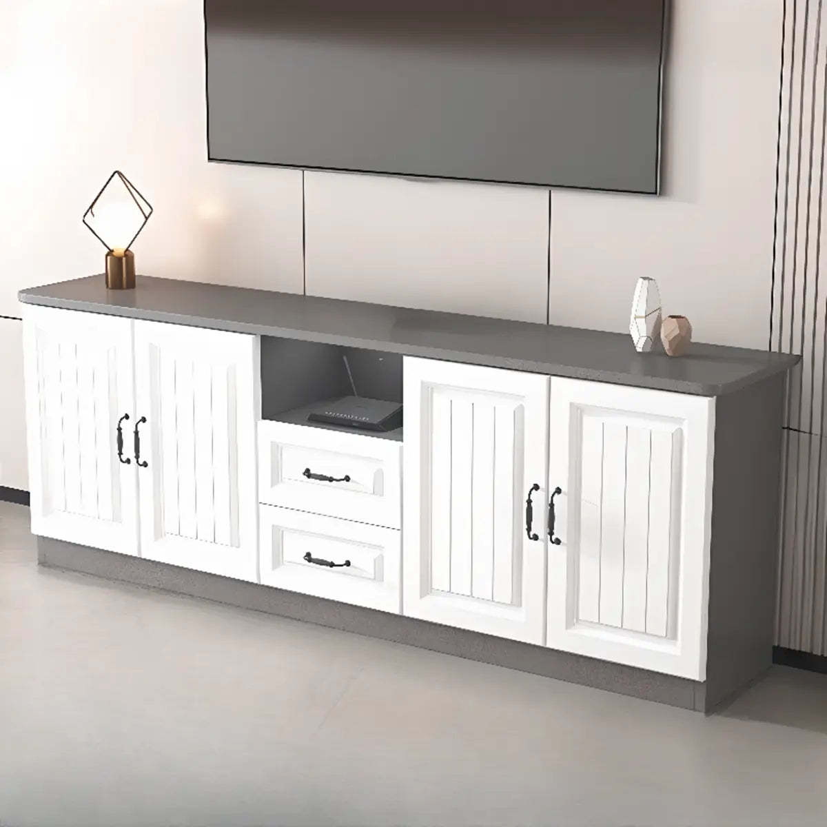 Gray Wood Rectangular TV Stand with Drawers — 2 / White