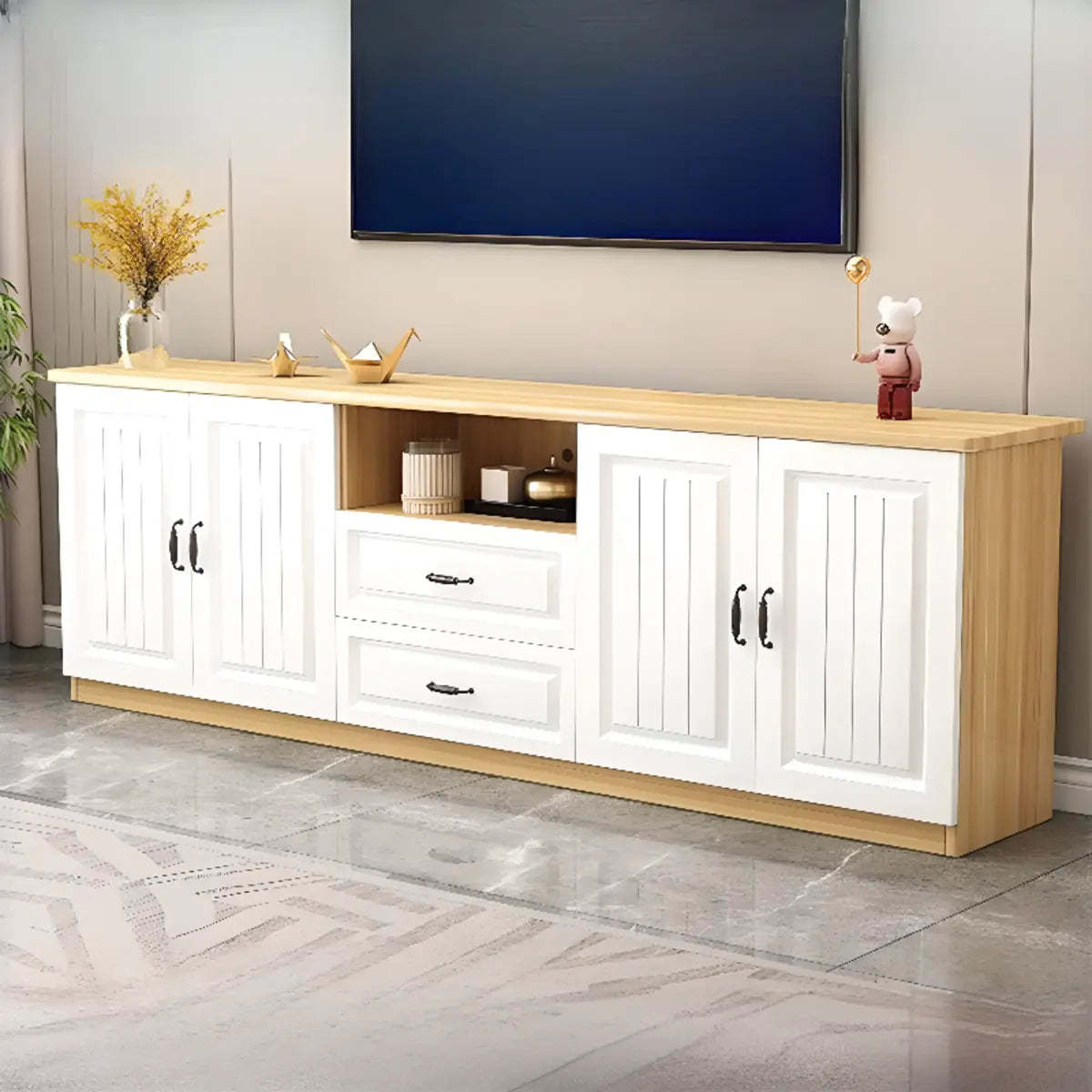 Gray Wood Rectangular TV Stand with Drawers — 3 / Light Walnut