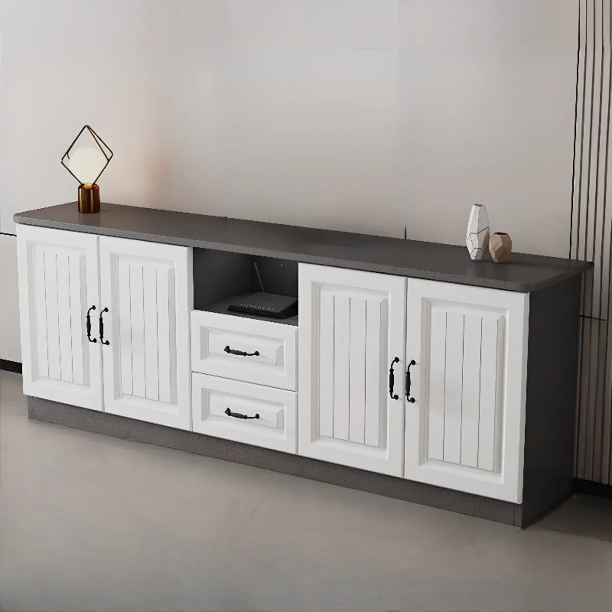 Gray Wood Rectangular TV Stand with Drawers — 3 / White