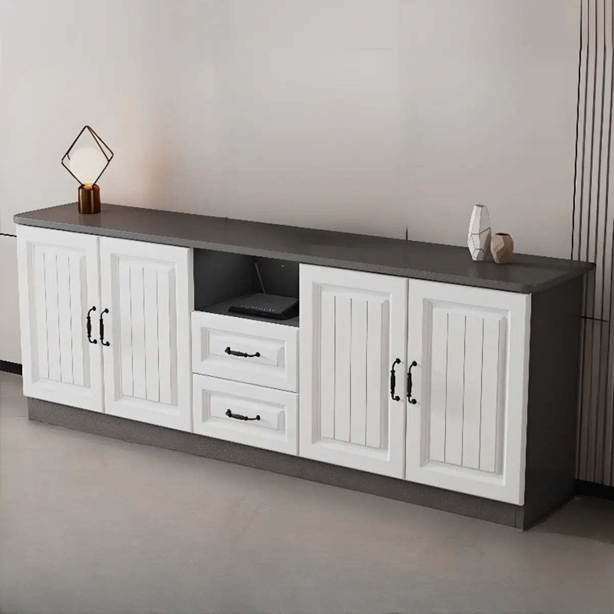 Gray Wood Rectangular TV Stand with Drawers — 3 / White