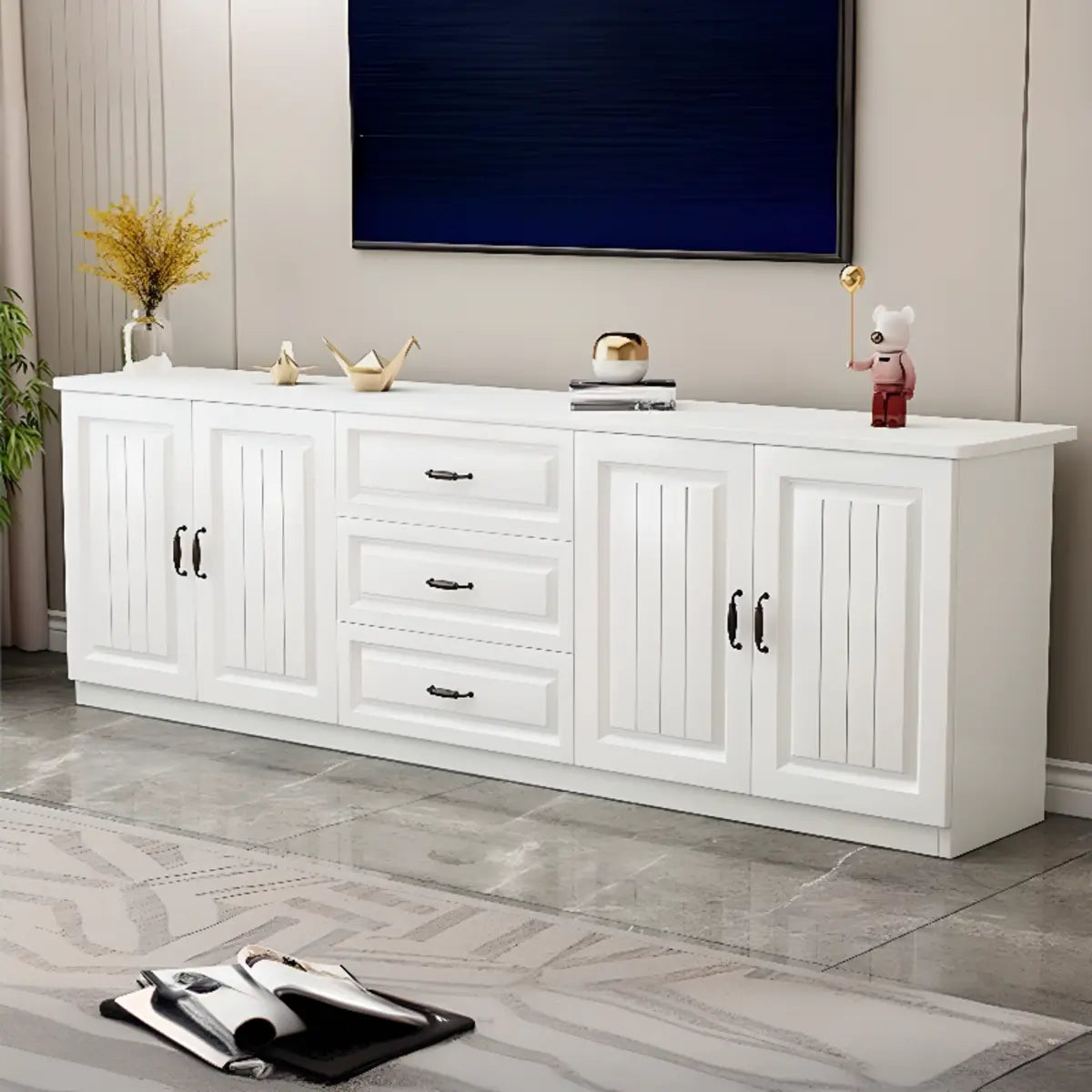 Gray Wood Rectangular TV Stand with Drawers
