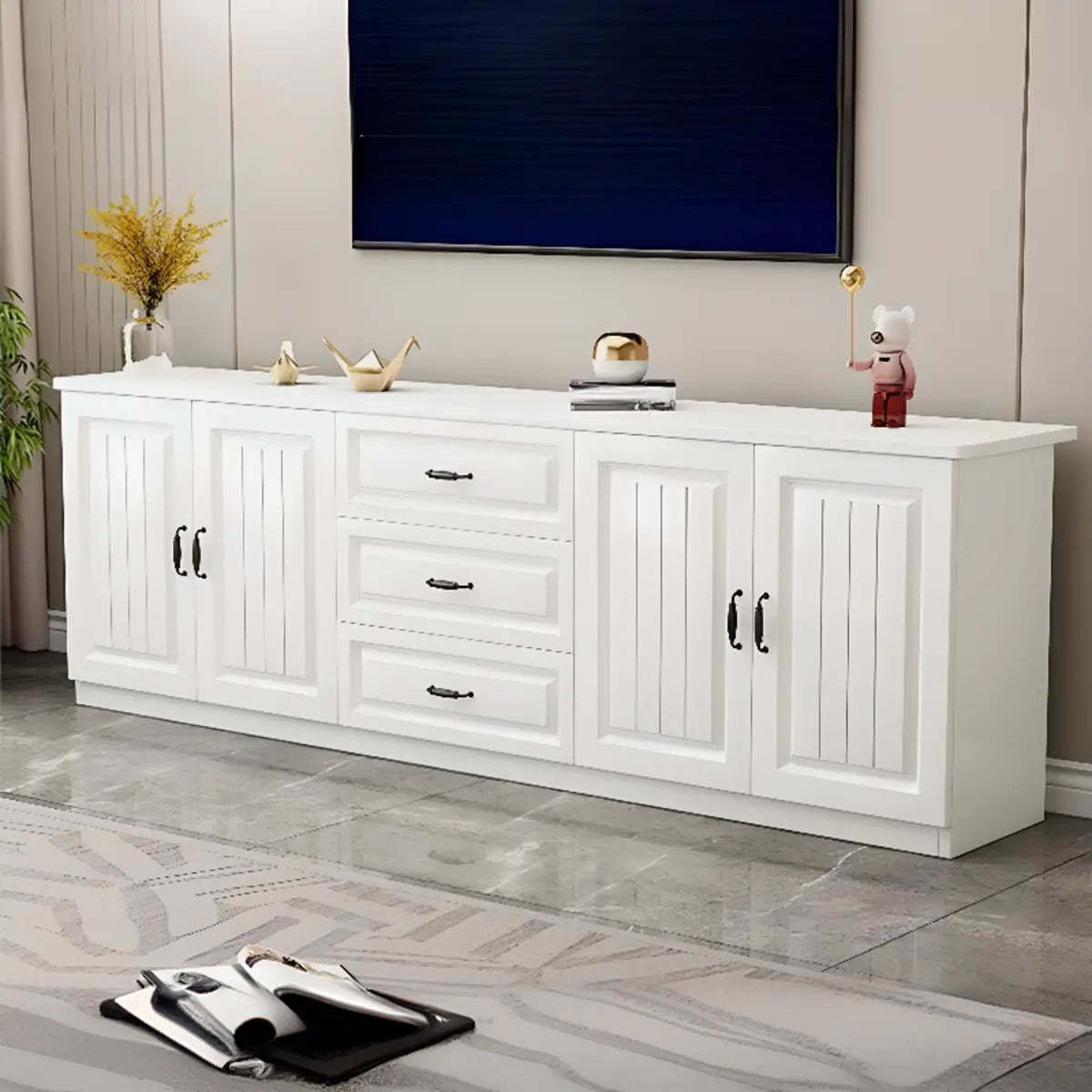 Gray Wood Rectangular TV Stand with Drawers