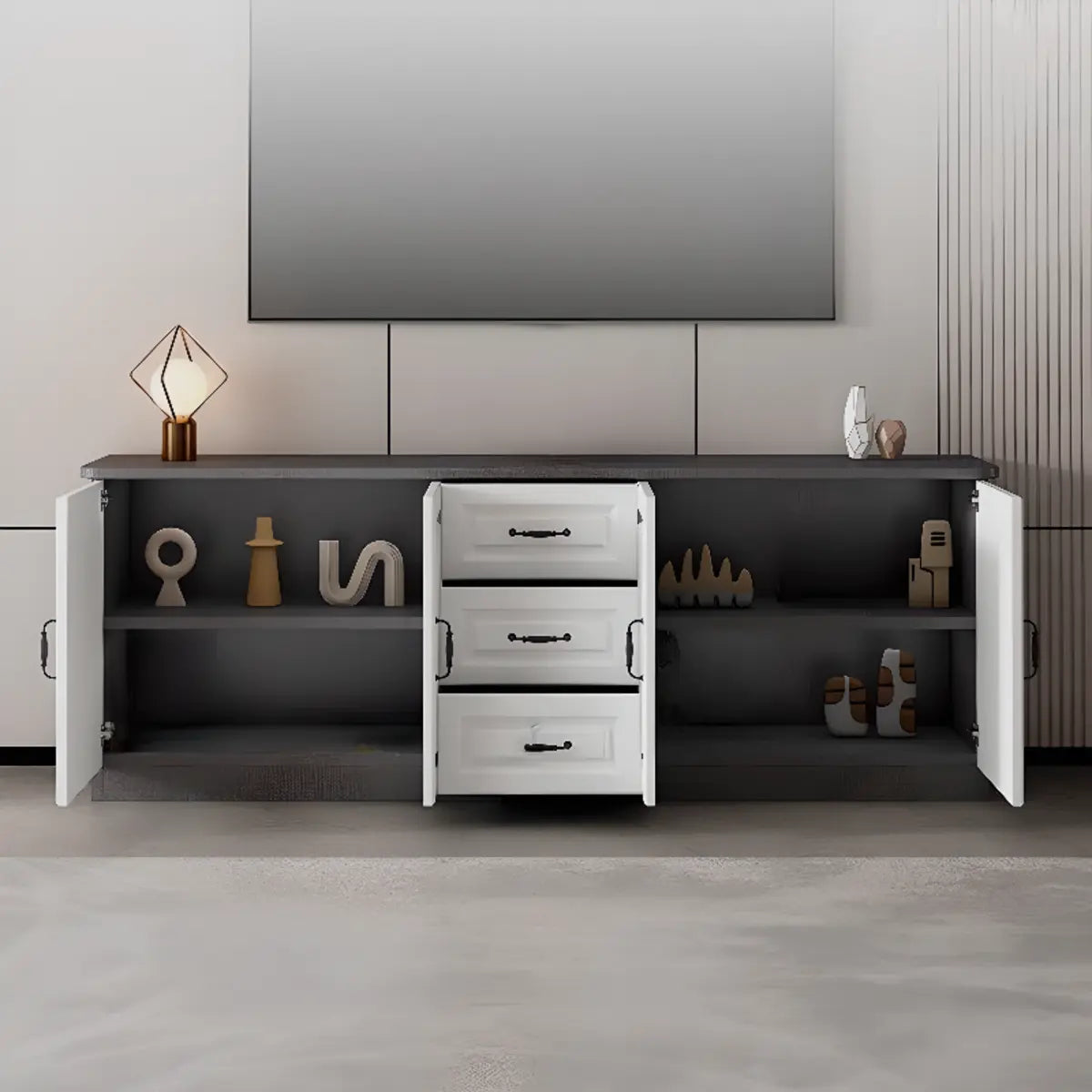 Gray Wood Rectangular TV Stand with Drawers — 2 / Grey