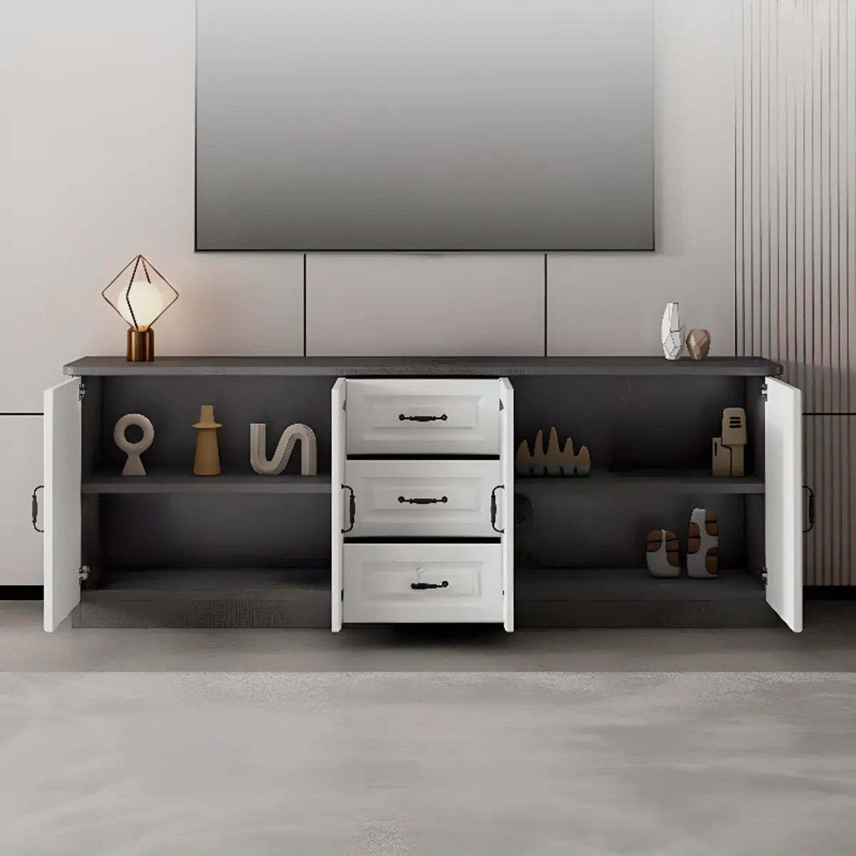 Gray Wood Rectangular TV Stand with Drawers — 2 / Grey