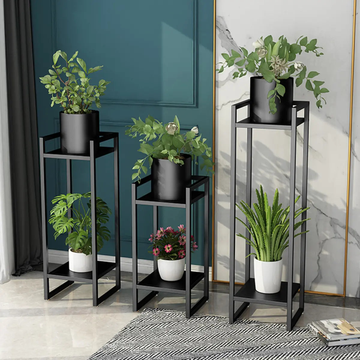 Black Metal 2-Tier Nesting Square Plant Stand — Black
