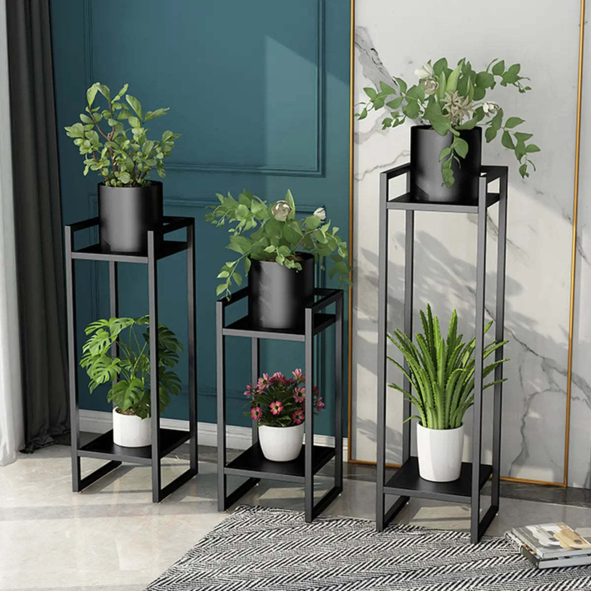 Black Metal 2-Tier Nesting Square Plant Stand — Black