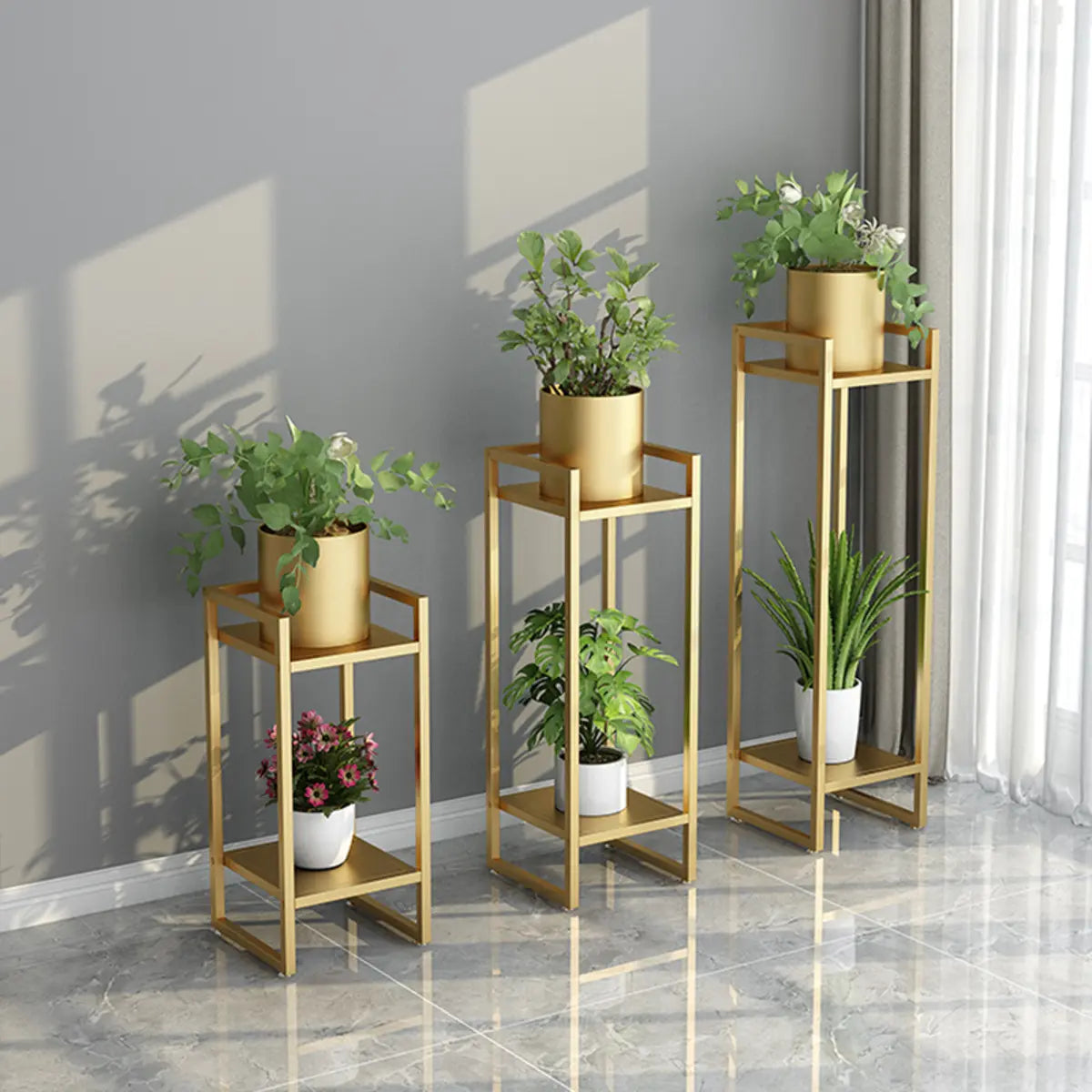 Black Metal 2-Tier Nesting Square Plant Stand — White