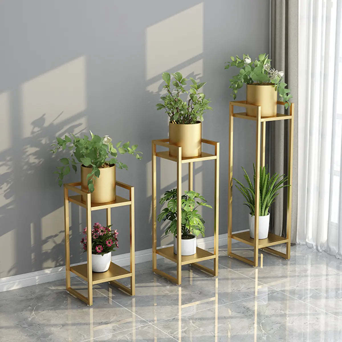 Black Metal 2-Tier Nesting Square Plant Stand — White