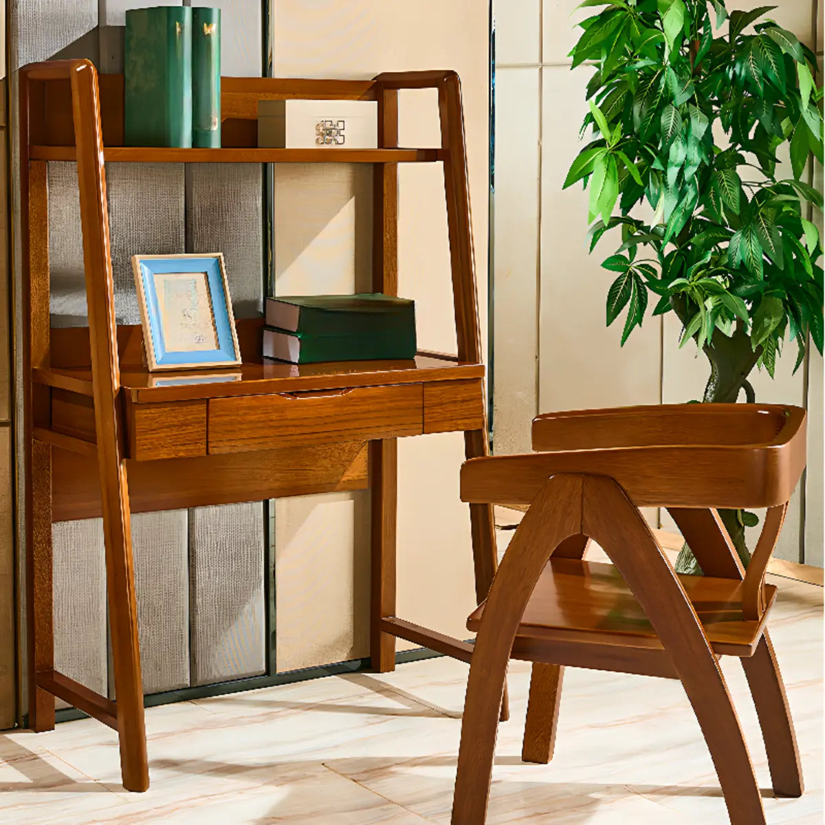 Small H-Shape Computer Desk with Soft-Close Drawer and Shelf