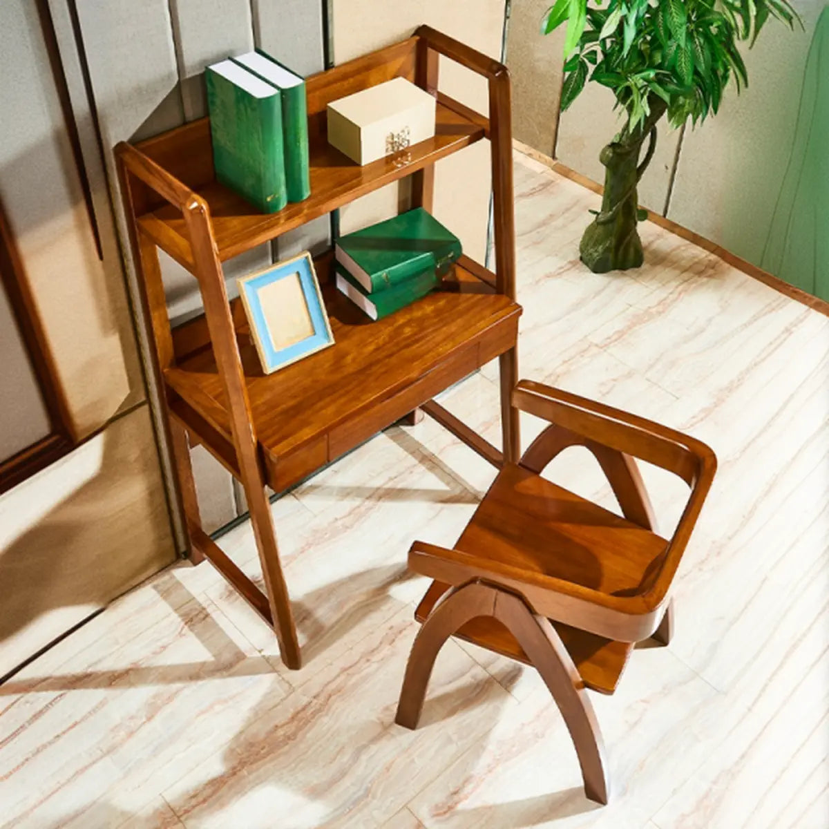 Small H-Shape Computer Desk with Soft-Close Drawer and Shelf
